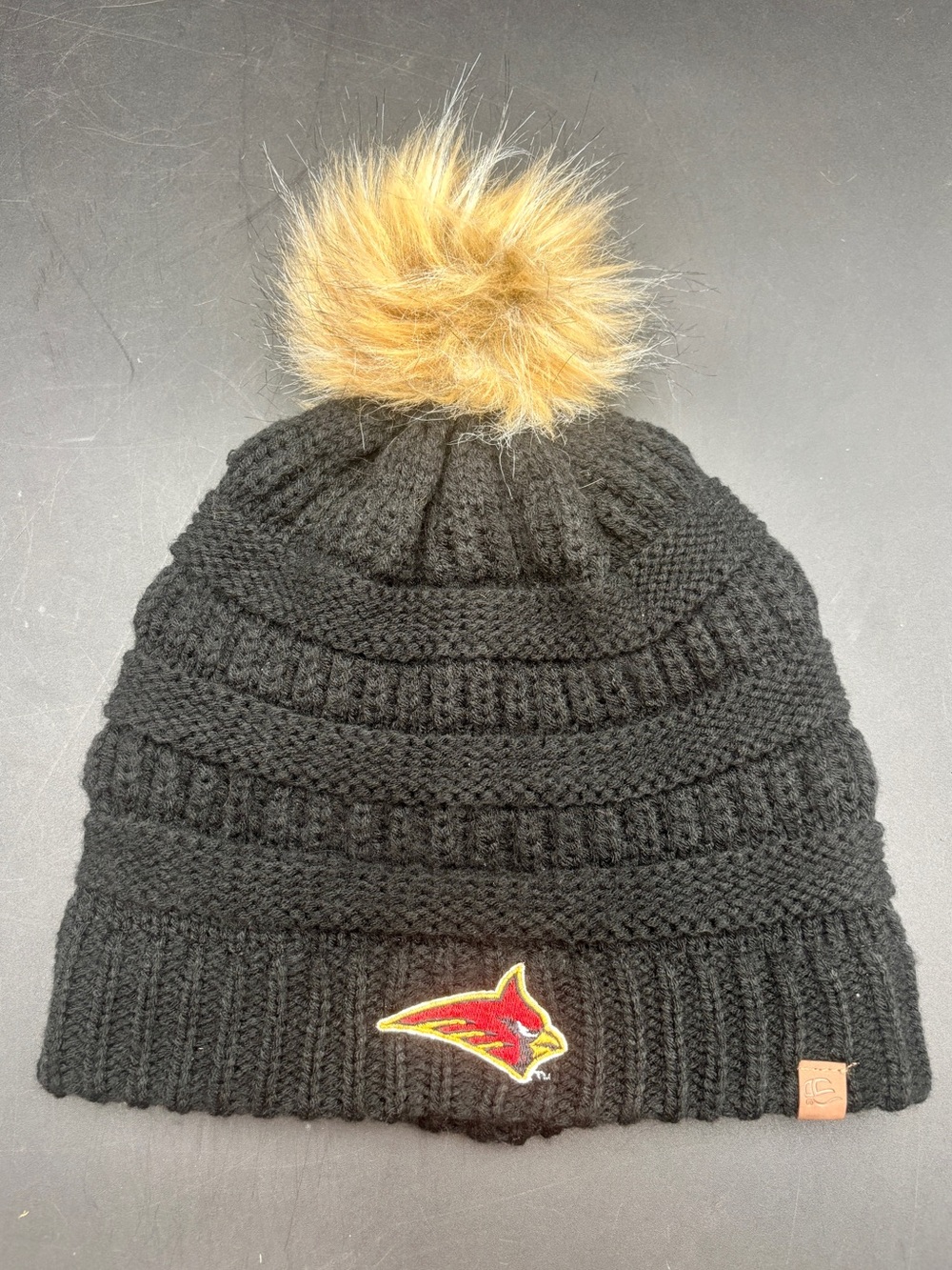 Calvert Hall College High School Cardinals Beanie Black Cable Knit Faux Fur Pom